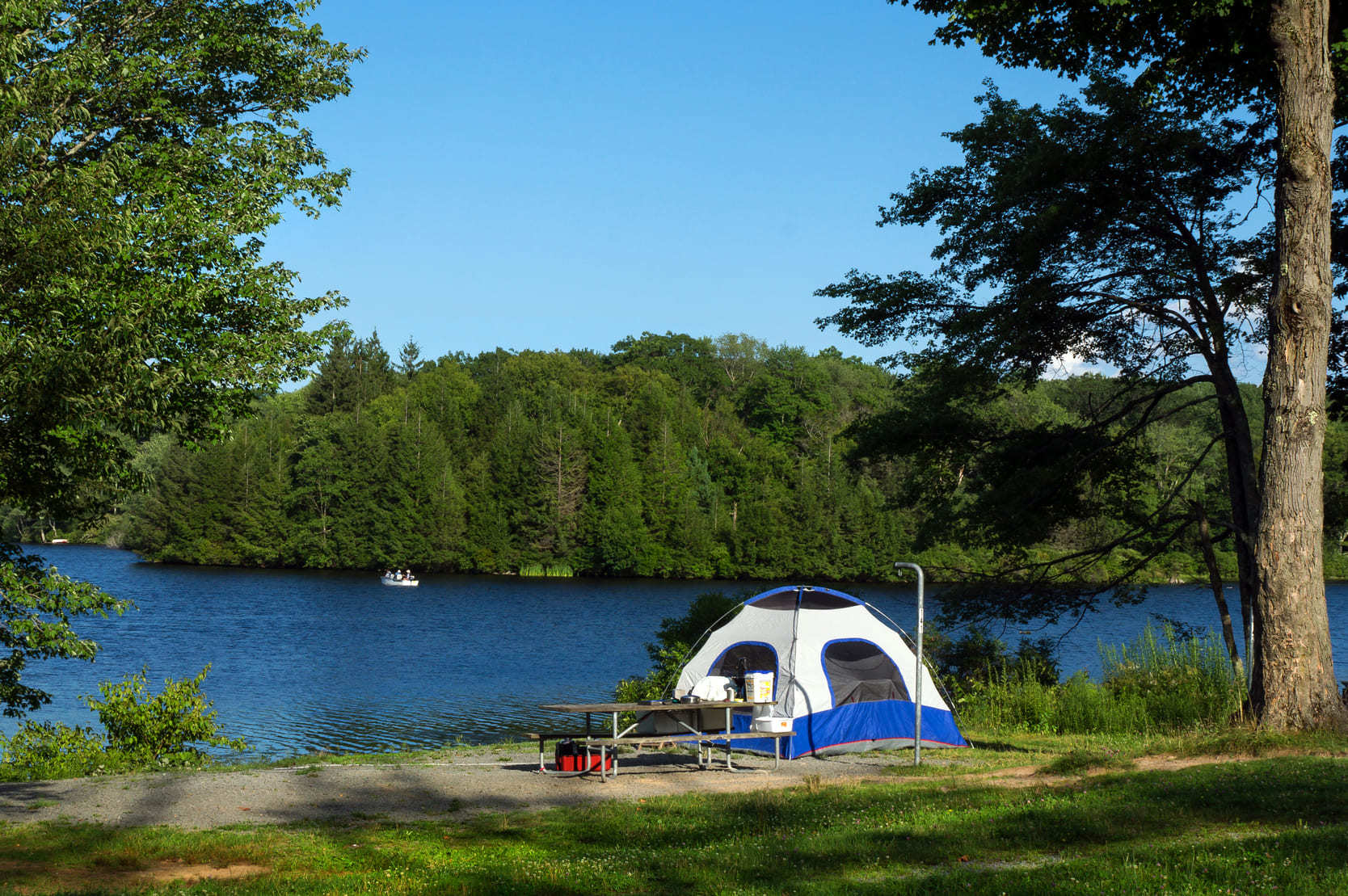 A lakeside campsite set up in Northern Ontario